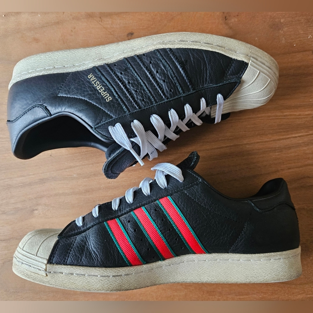 Adidas Superstars, M11, Black leather, White shells, Red & Green stripes